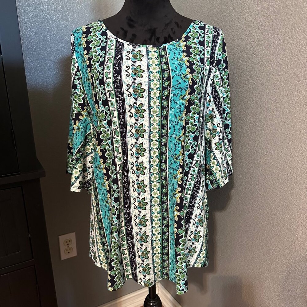 Blouse L Floral Stripe Paisley Top Boho Peasant Cottagecore Split Sleeve Lagom